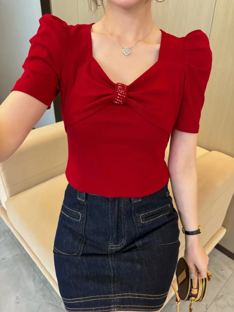 时尚高级减龄修身显瘦T恤洋气百搭简约通勤蝴蝶结设计上衣女