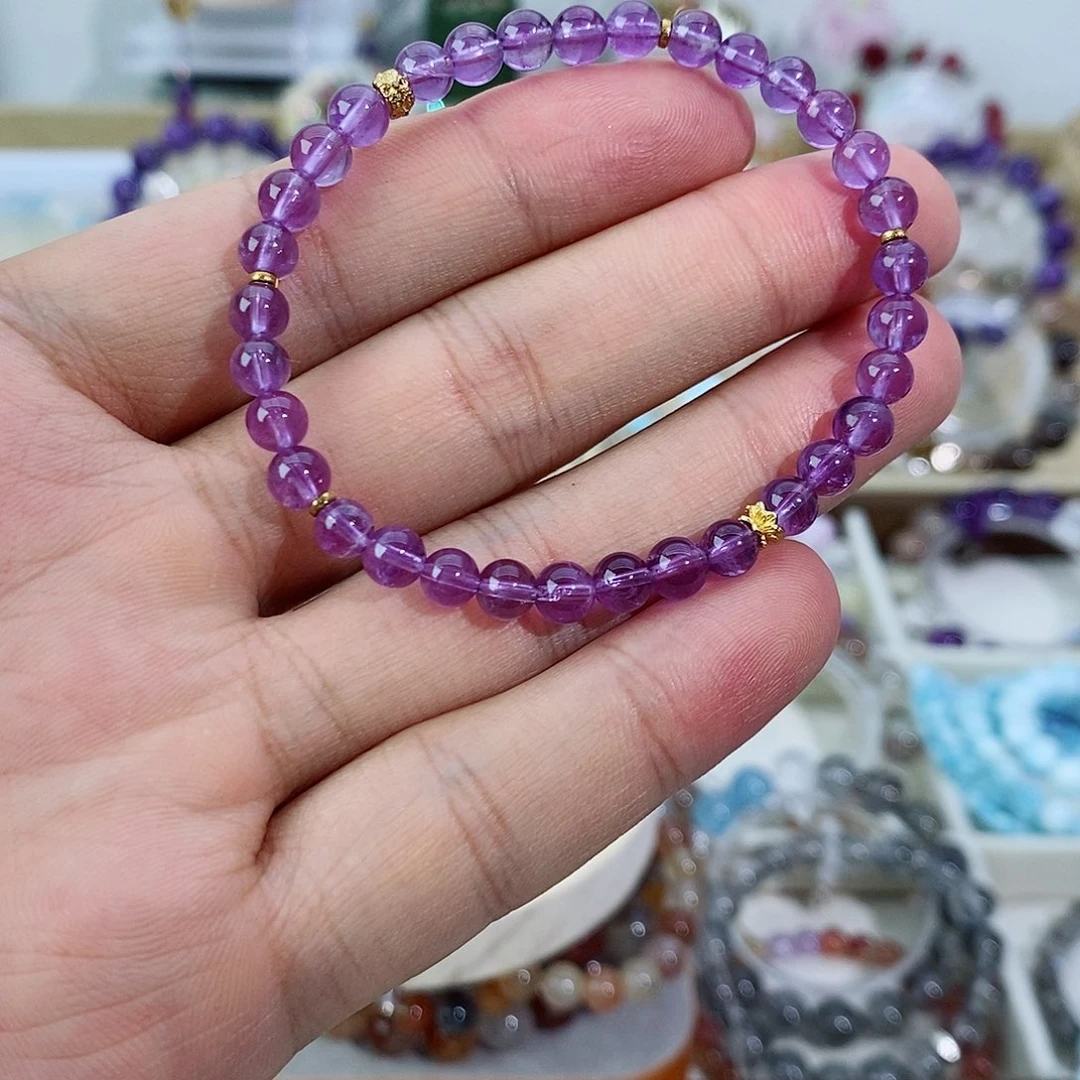 银S925镀金镶嵌手链水晶紫水晶手串5mm+