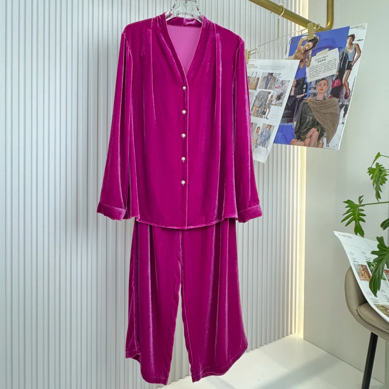2025年秋冬新款真丝丝绒套装女V领松弛感两件套家居服850111398