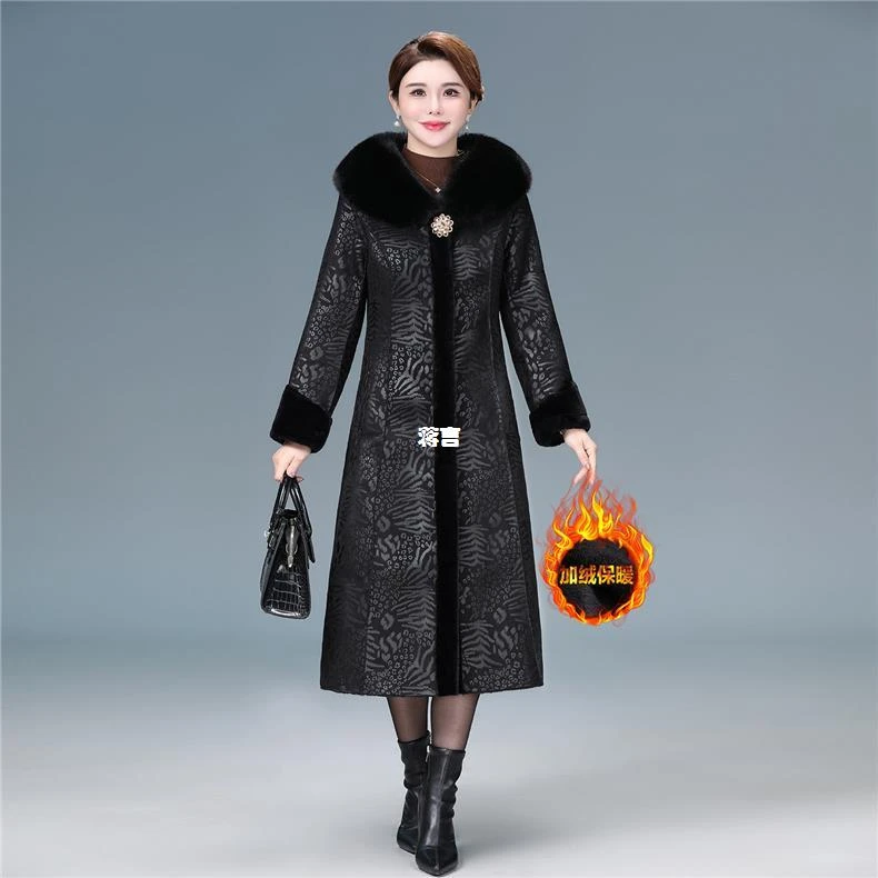 人造皮草 外套加绒长款连帽大衣新款过膝高档中年加厚皮毛保暖冬