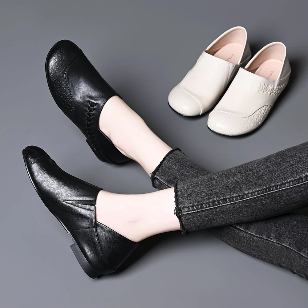 头层牛皮圆头深口内增高单鞋女春秋新款百搭舒适一脚蹬粗跟小皮鞋