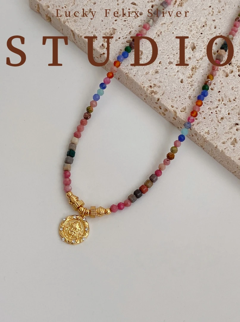 铜合金项链 Lucky【夏桃】镀K金新款彩色天然波西米亚小众锁骨链
