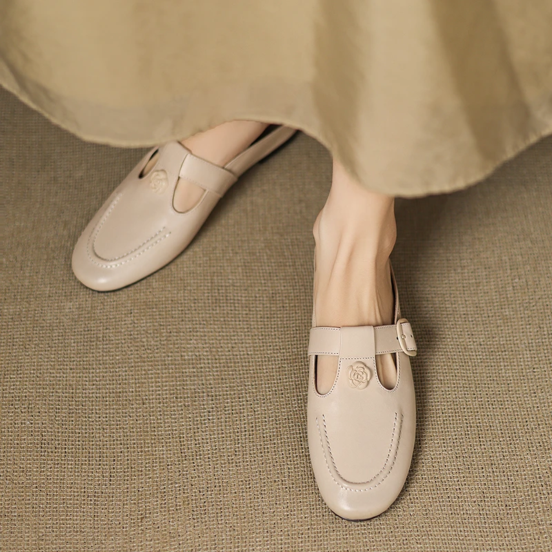 3cm/春夏新款圆头低跟真皮拖鞋女百搭软皮懒人外穿凉拖