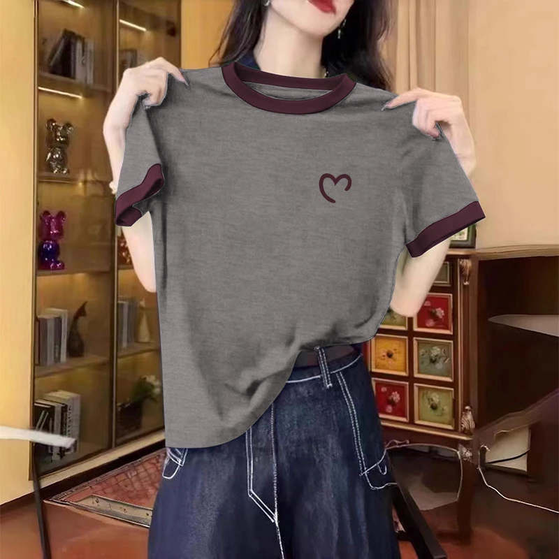 圆领正肩纯棉拼色短袖t恤女2025新款设计感小众时尚洋气上衣夏季