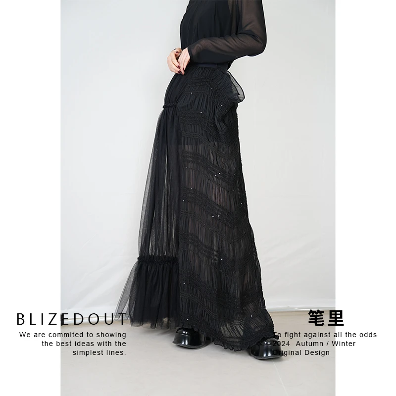 笔里【BLIZEDOUT】独立设计4022005黑色微透不规则中长款蕾丝半身裙