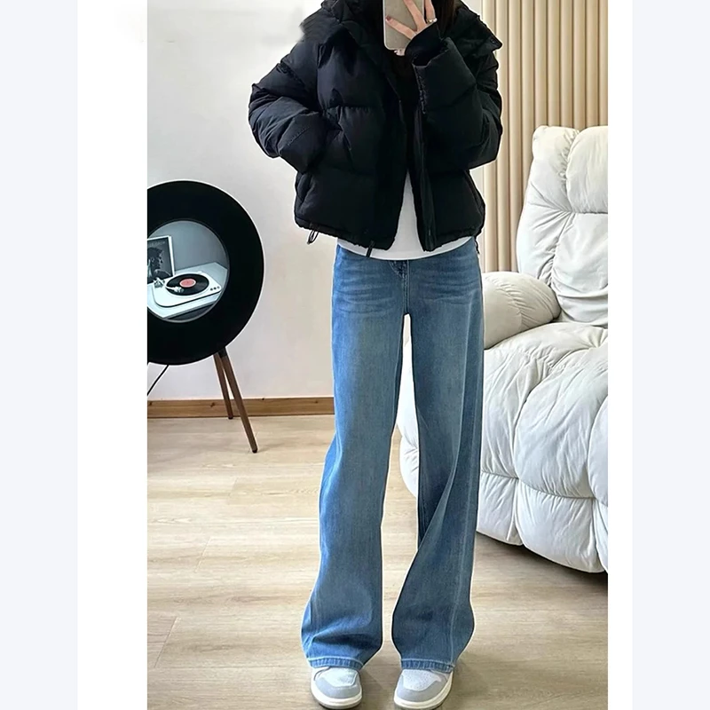 浅蓝色直筒窄版牛仔裤休闲女2025新款高腰垂感小个子宽松阔腿裤子