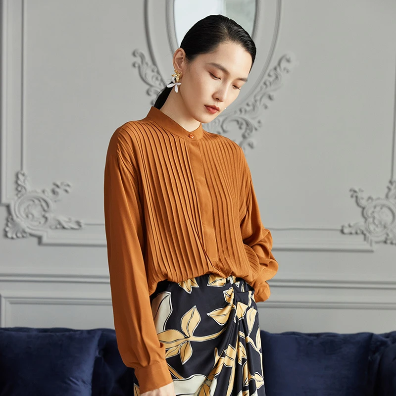 100%桑蚕丝女士时尚休闲百搭打条长袖衬衫71081743