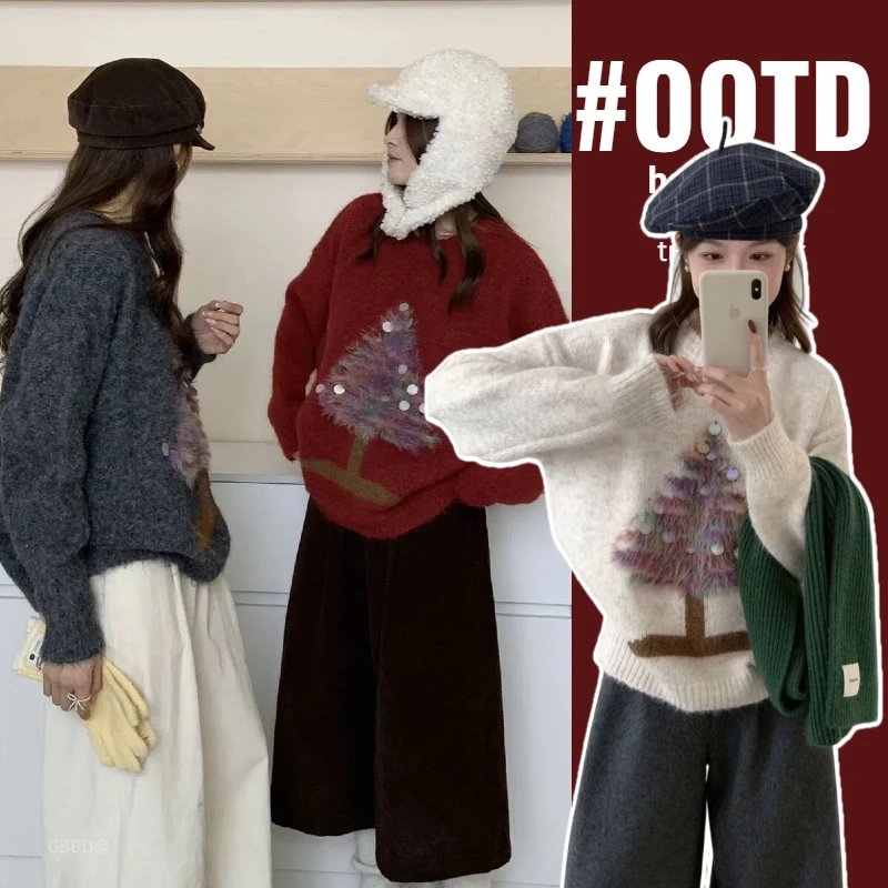 2025孕妇圣诞树提花圆领毛衣上衣冬季新款韩系宽松显瘦保暖针织衫