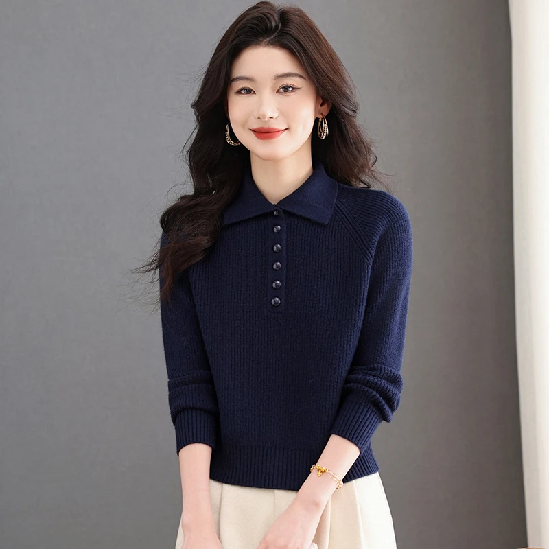 正品哥第2025年新款100%纯精纺羊毛衫提花打底衫女毛针织衫翻领