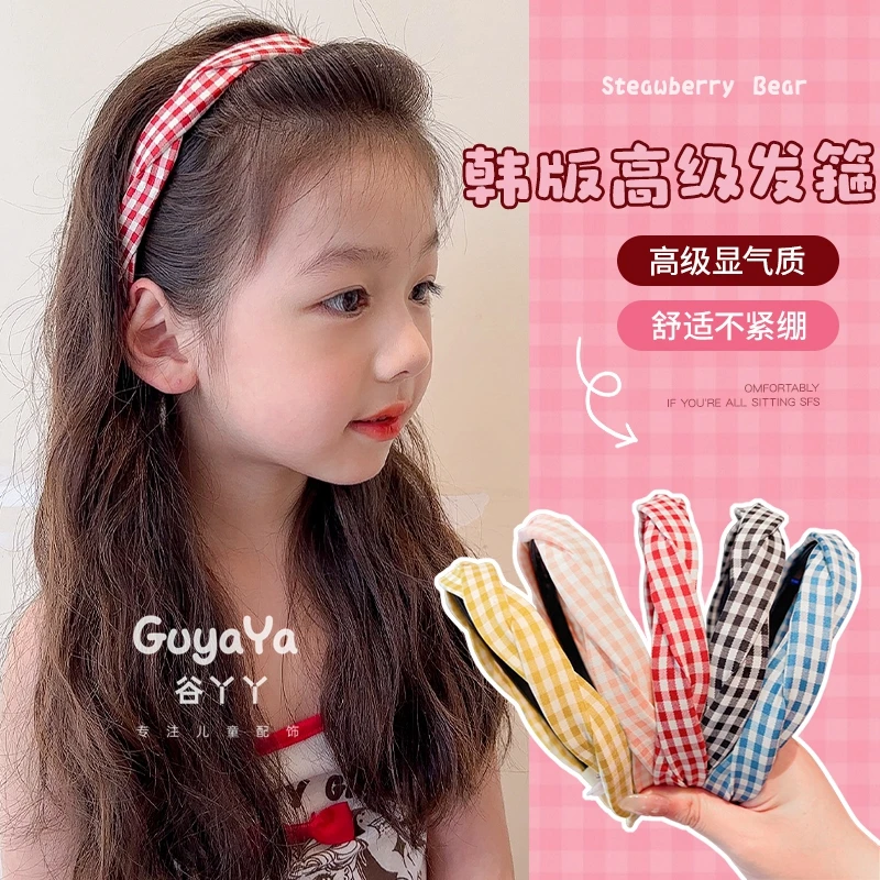 儿童韩系布艺红色格纹头箍甜美女童蓝格麻花发箍带齿防滑不勒头饰