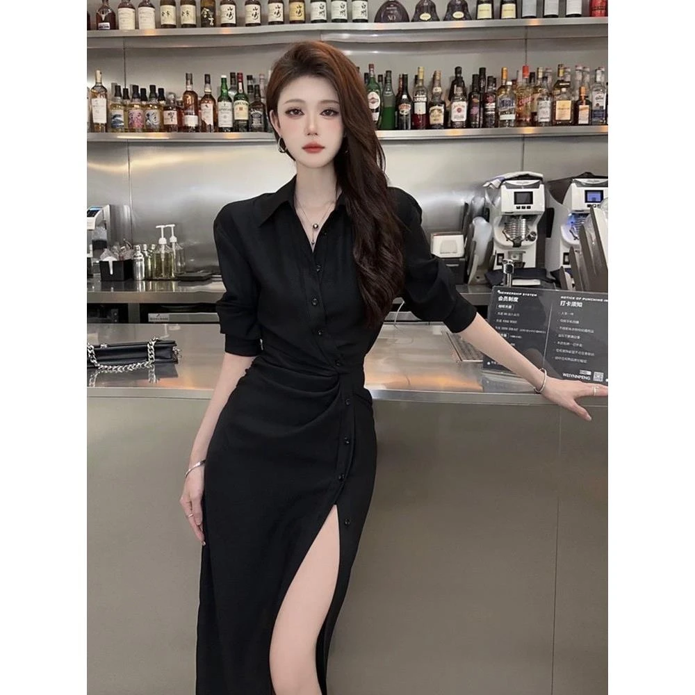 裙子法式感衬衫收腰女春夏新款高冷御姐风气质开叉黑色包臀长裙