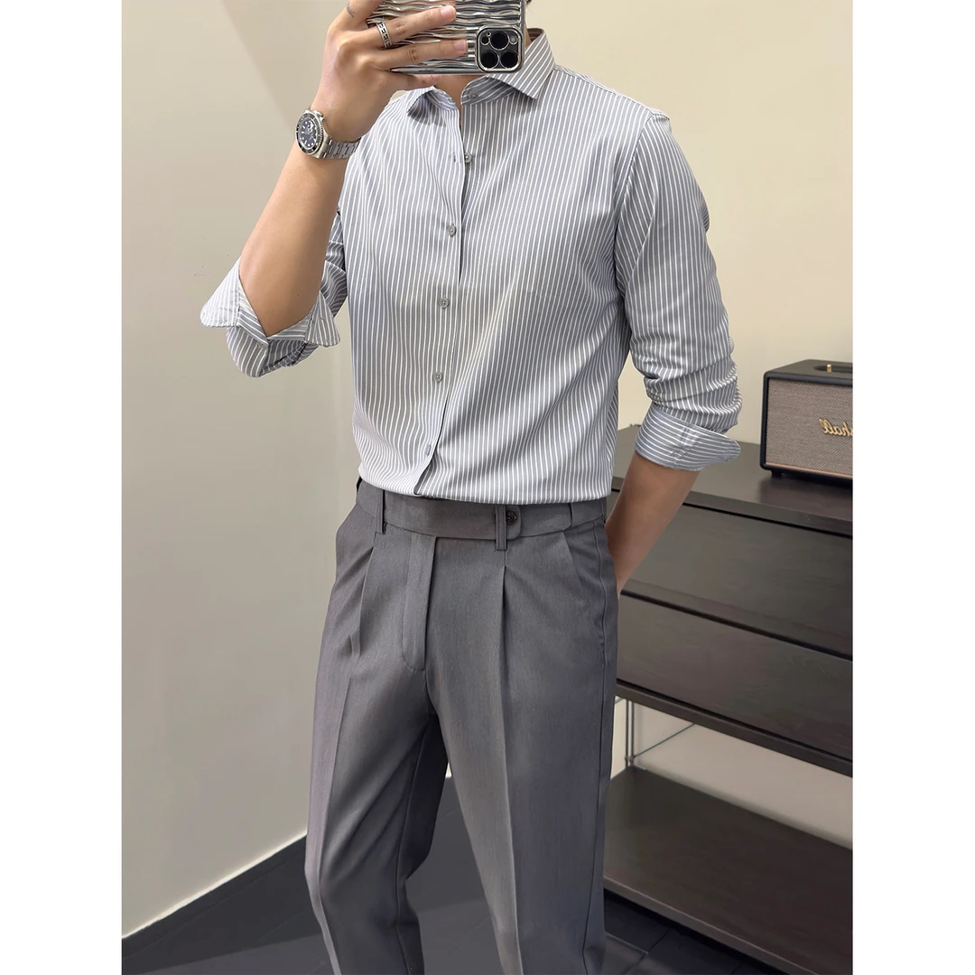 里奈男装2025秋季新款通勤风条纹长袖衬衫男商务高级痞帅修身衬衣