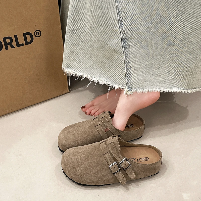 爆款2025早春新款软底磨砂软皮勃肯鞋休闲时尚百搭半包拖鞋女外穿
