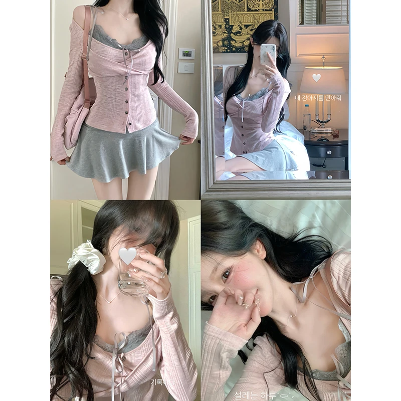 白水女 韩女氛围 花边吊带背心露肩开衫T恤套装韩系纯欲长袖上衣