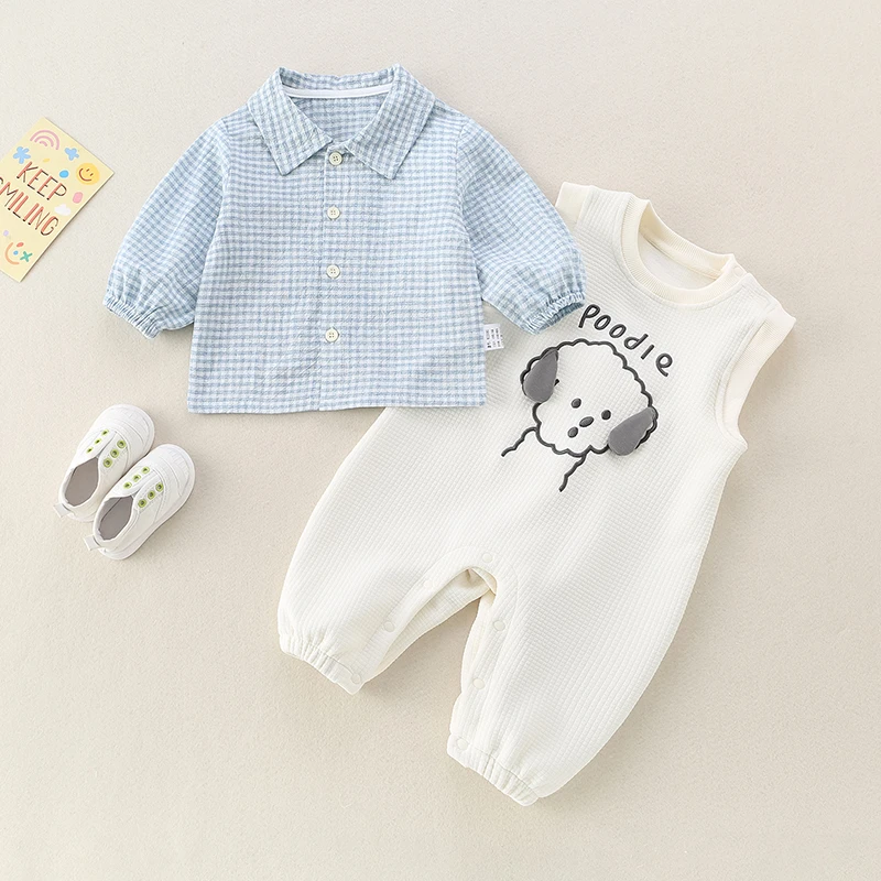 婴儿春季连体衣春秋款男宝宝卡通背带分体套装洋气外出两件套爬服