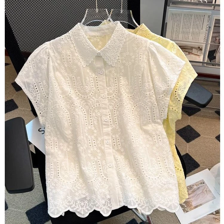 高端欧货2025夏季新款设计感小众翻领镂空刺绣气质百搭设计感上衣