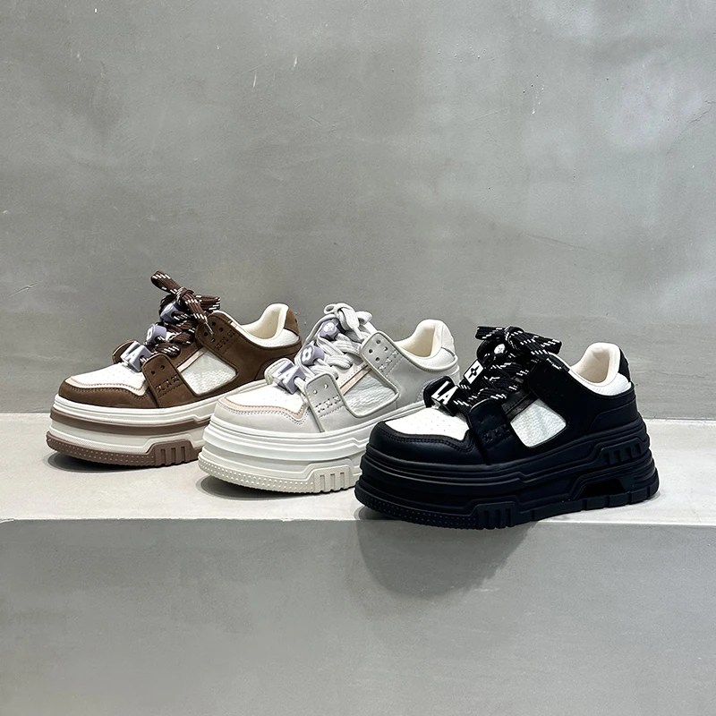 欧洲站女鞋2025秋季新品真皮拼色厚底休闲鞋增高运动面包鞋板鞋潮