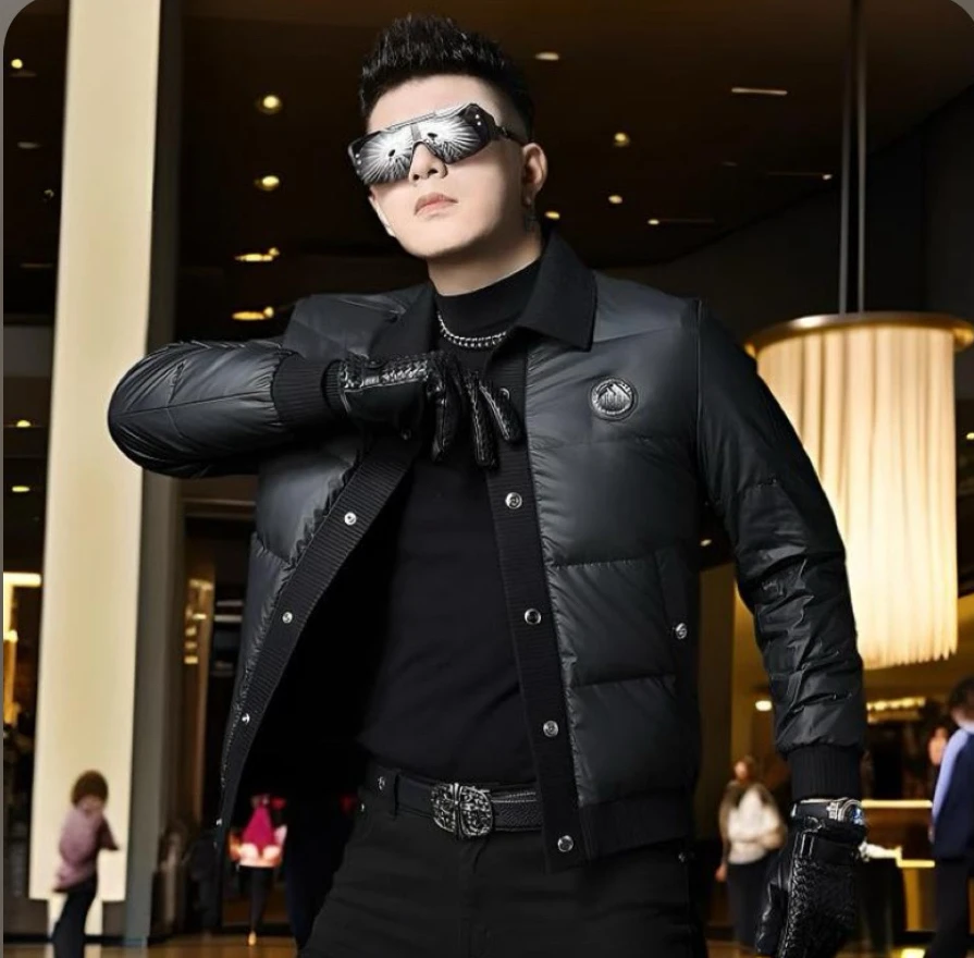 欧洲站冬季男士羽绒服2025新款潮牌保暖防寒90白鸭绒翻领外套男装