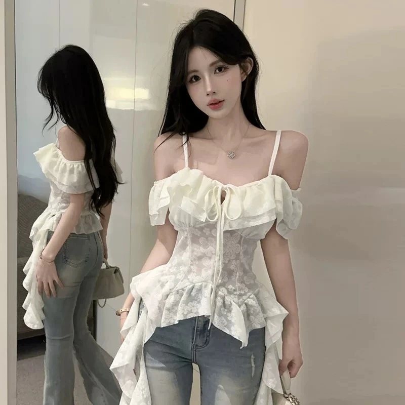 荷叶边蝴蝶结系带喇叭袖吊带背心女春季2025纯欲风修身显瘦打底衫