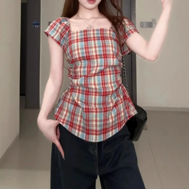 褶皱掐腰显瘦上衣夏季新款胖MM大码女装法式复古红色格纹短袖衬衫