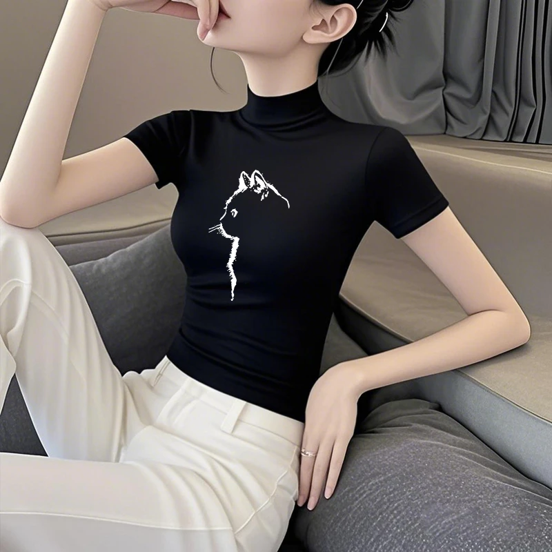 猫咪印花黑色半高领短袖T恤女正肩修身高级感薄款外穿小众上衣薄