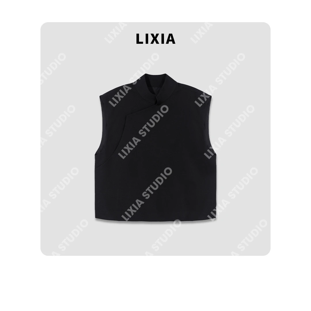 LIXIA【黑羽】国风个性不规则设计立领短款黑色马甲-D6876