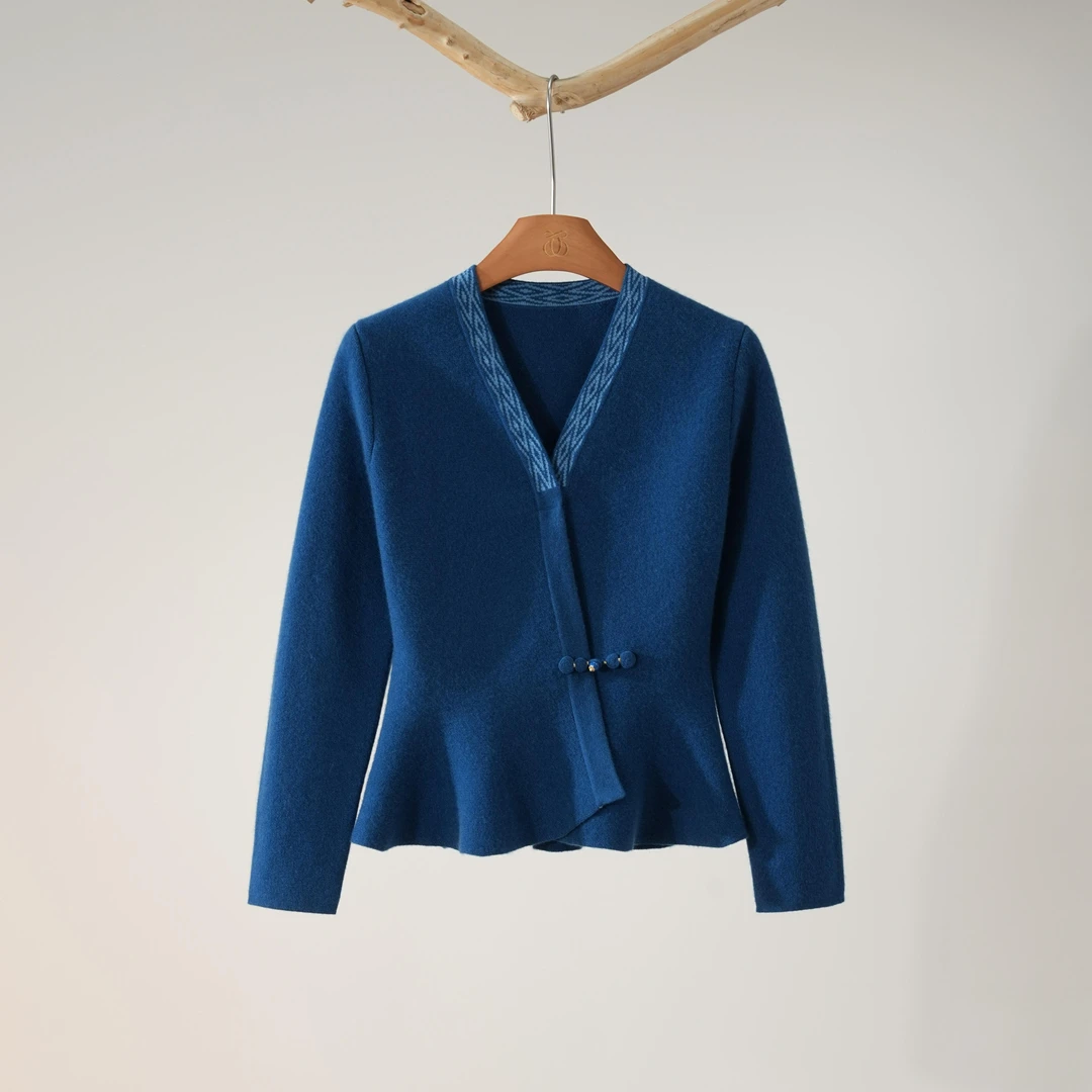 西子/【风雅颂】美莉诺羊毛撞色交领收腰鱼尾针织开衫/MSXS0389