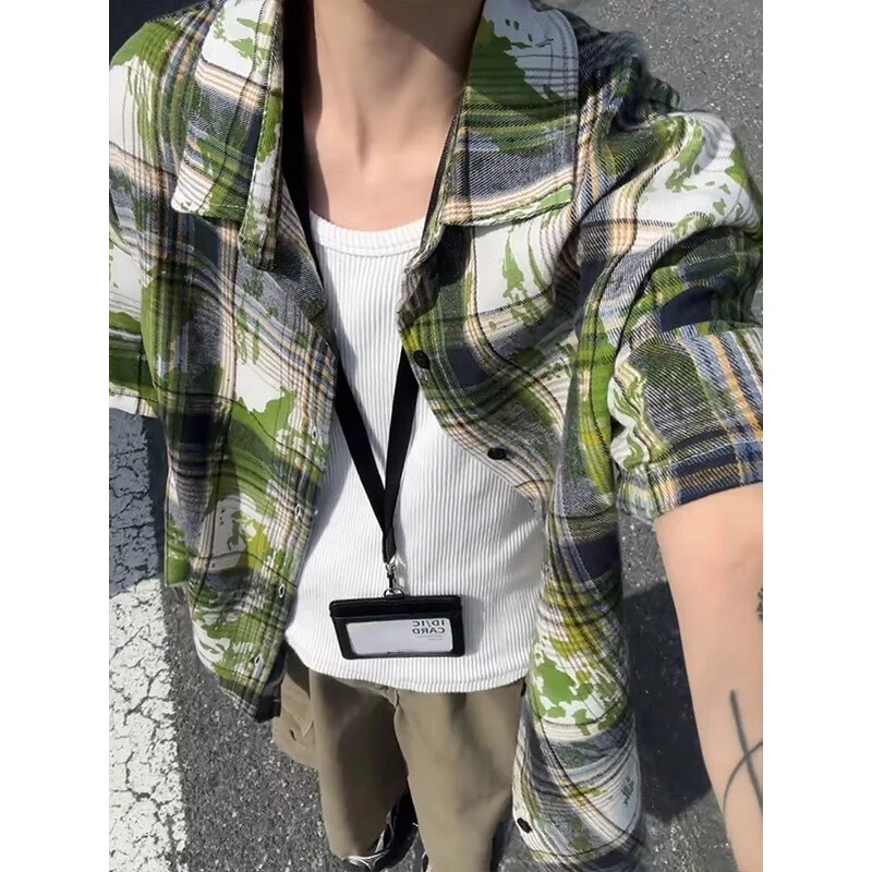 EGMO美式高街绿色格子扎染短袖衬衫男女夏季薄款潮牌休闲百搭防嗮