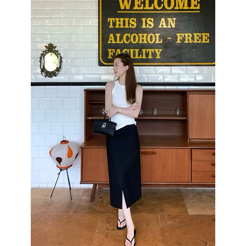 2025夏季新款白色修身百搭吊带小背心简约收腰开叉包臀半身裙套装