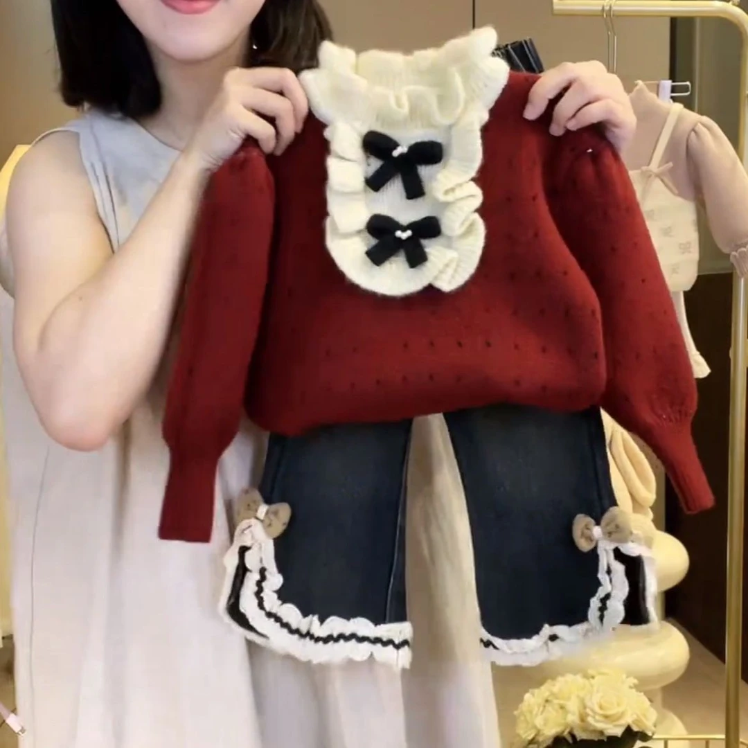 女宝宝秋冬套装2025新款韩版洋气女童加厚毛衣加绒牛仔裤两件套潮
