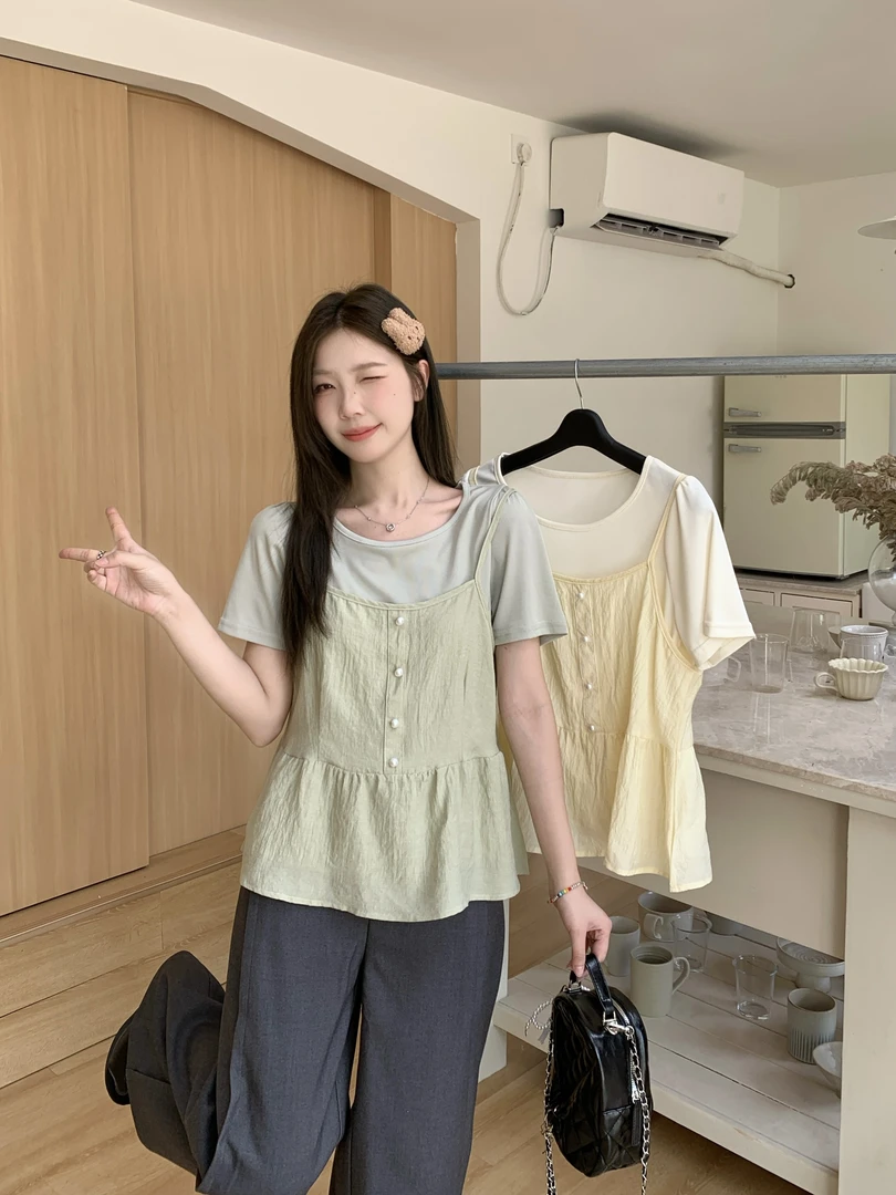 清2025夏新款大码女装小清新叠穿吊带圆领内搭T恤韩系两件套64517