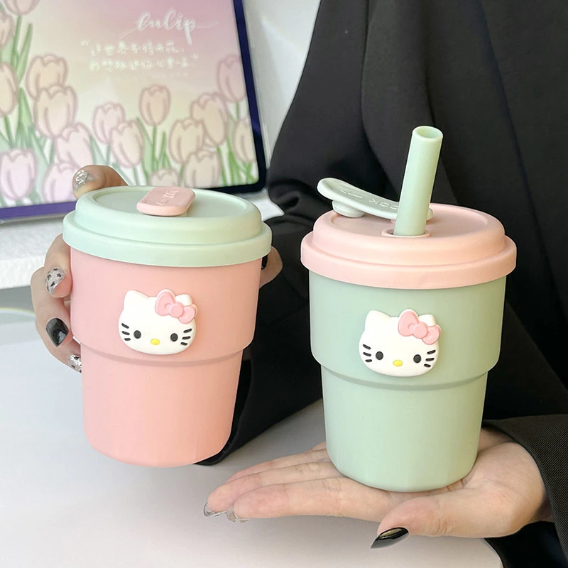 简约韩版高颜值卡通贴纸可爱水杯带吸管卡通塑料杯可爱少女