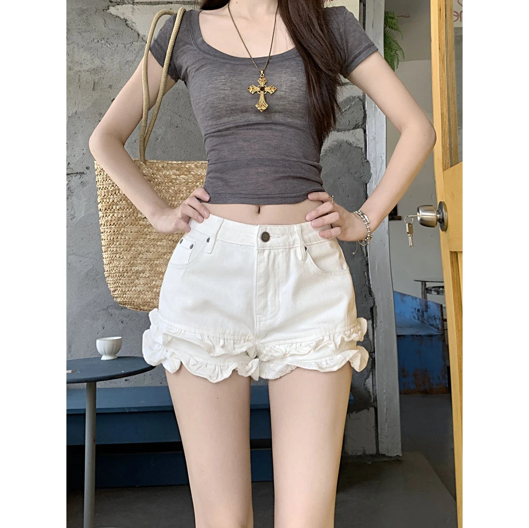 大码辣妹直筒牛仔短裤女夏季新款时尚双层波浪卷花边设计百搭热裤