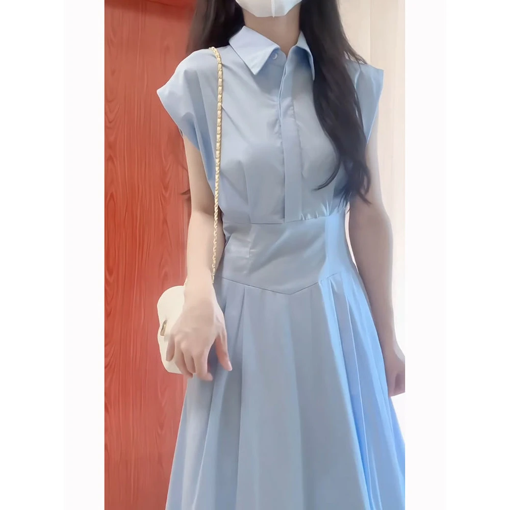 韩系温柔甜美蓝色无袖背心衬衫连衣裙夏季新款收腰显瘦紫色连衣裙