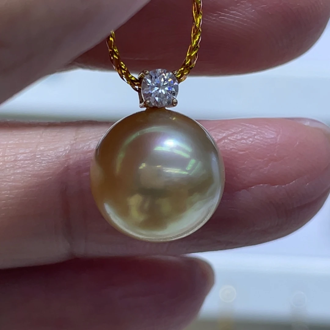 海水珍珠吊坠(不含链)18K金镶嵌12.8mm浓茶金极光