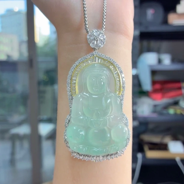 天然A货非洲翠镶嵌精品晴色观音
