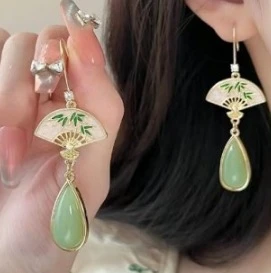 合金耳饰 388#新中式扇子水滴耳环