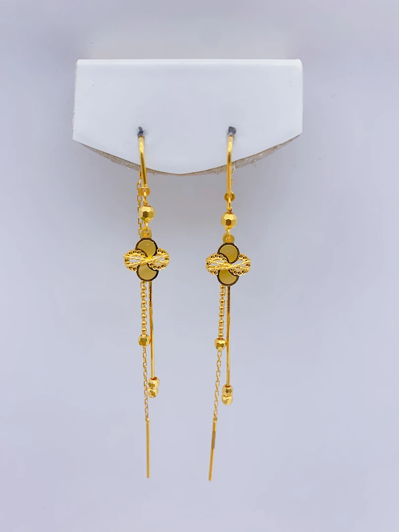 老庙足金2  5G工艺时尚四叶草流苏U型耳线 3.26克