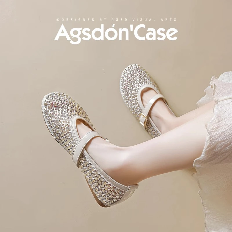 奥古狮登玛丽珍女鞋夏季2025新款外穿水钻平底网面透气通勤单鞋子