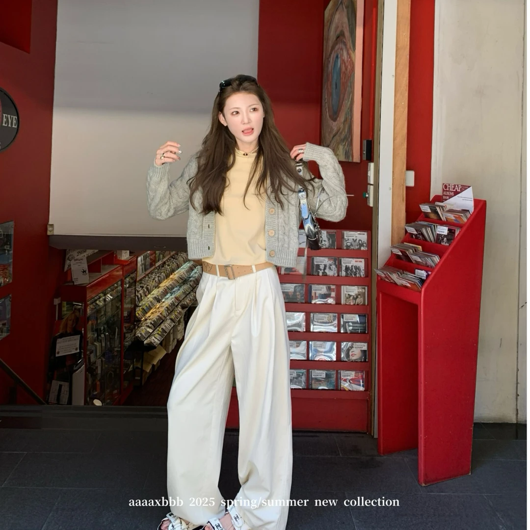 aaaaxbbb 第三画室 天丝棉百搭白色长裤宽松慵懒风显瘦打褶休闲裤