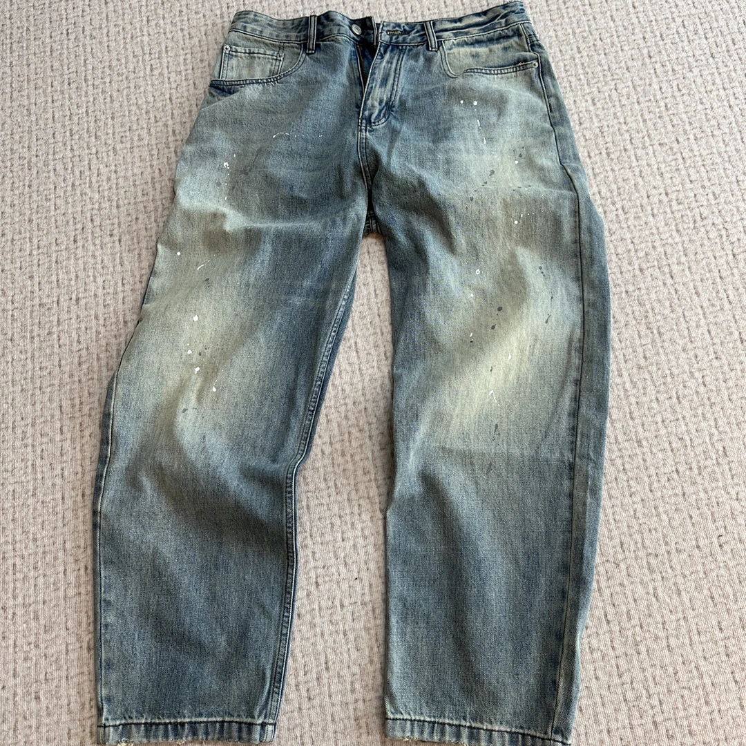 宽松夏季美式泼墨复古男牛仔破洞直筒时尚男休闲裤潮流男士高街