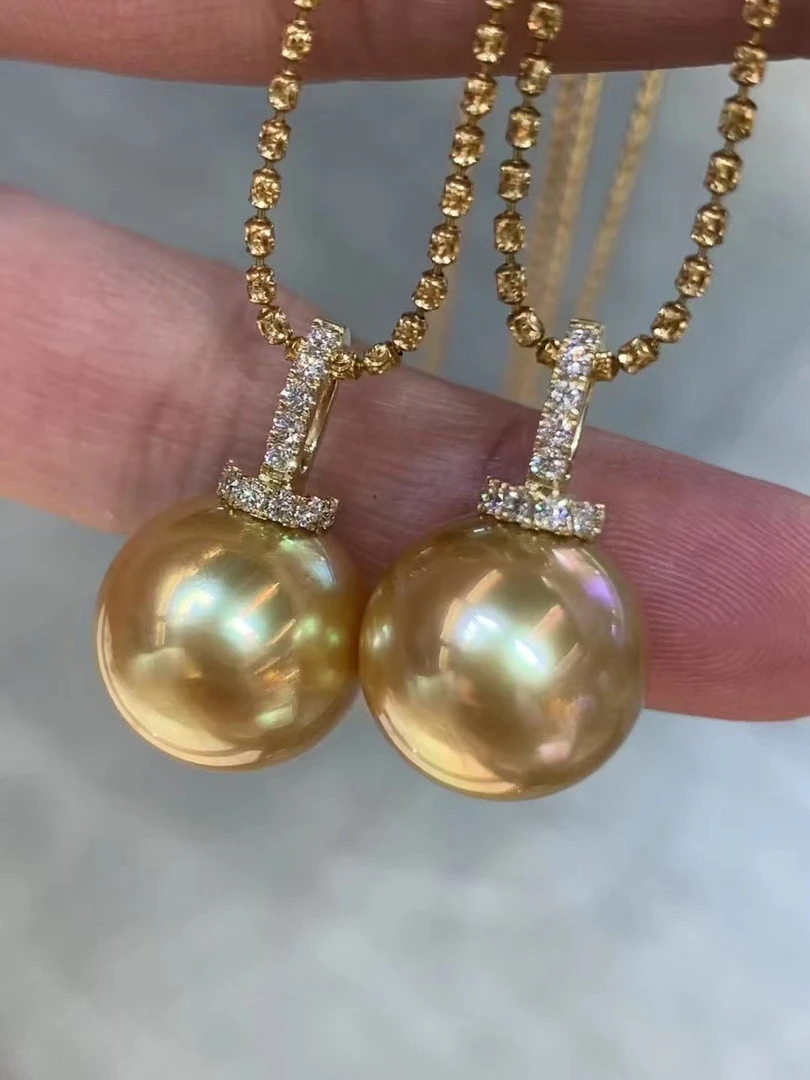 天然色浓金南洋金珠吊坠 18K金钻石镶嵌