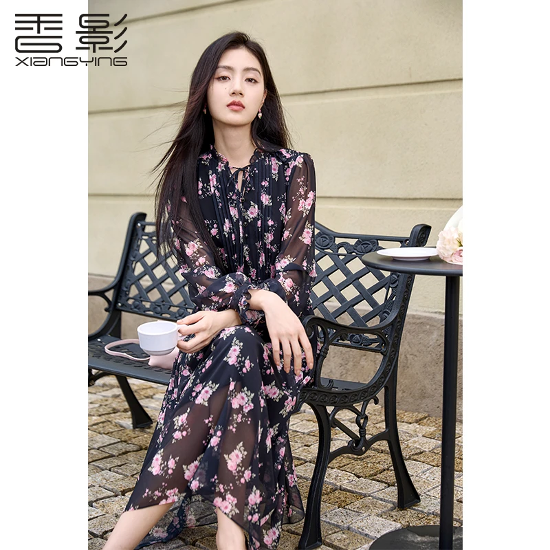 Q851159连衣裙香影花卉印花连衣裙25春新款收褶花瓣袖中长款裙子