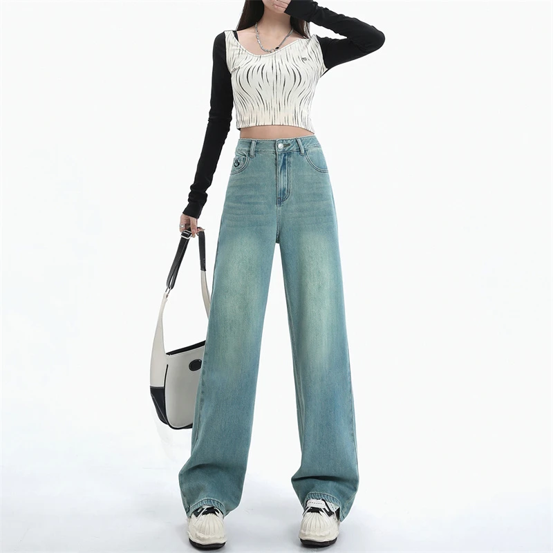 高腰窄版阔腿牛仔裤女2025年秋装新款宽松直筒显瘦垂感拖地长裤子