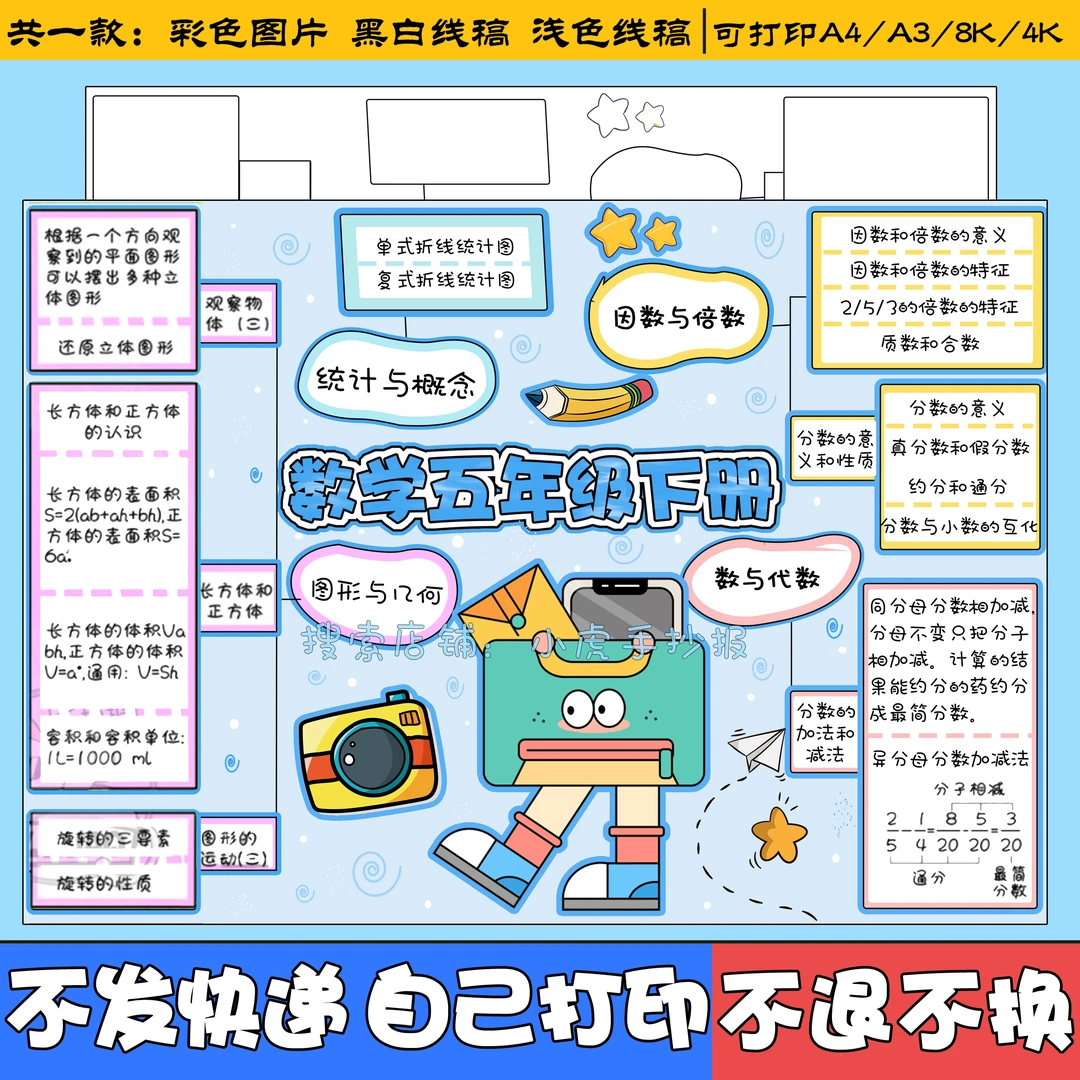 五年级下册数学总结手抄报学期知识总结小报通用电子模版涂色线稿