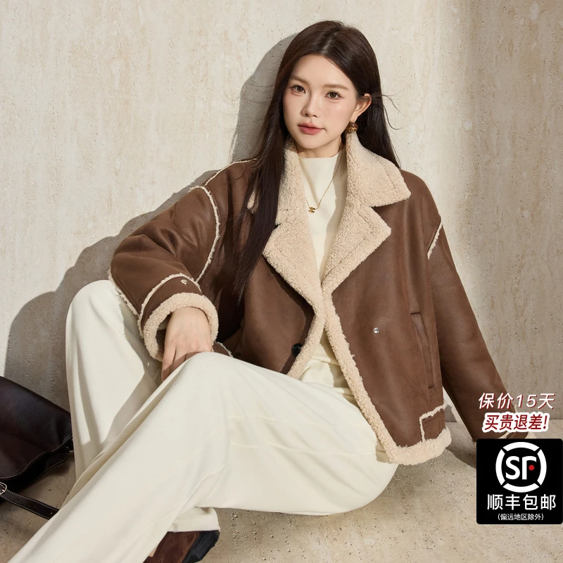 蓝语大码女装咖色麂皮绒仿皮毛一体短外套2025冬季新款保暖机车服