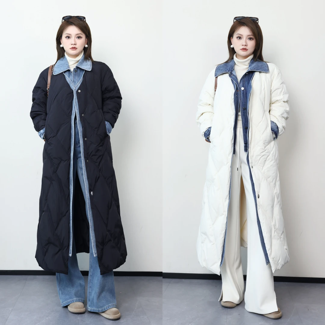 裂渡杨杨【入冬暖甲】微胖大码女冬季假两件牛仔拼接羽绒服ZY408H54