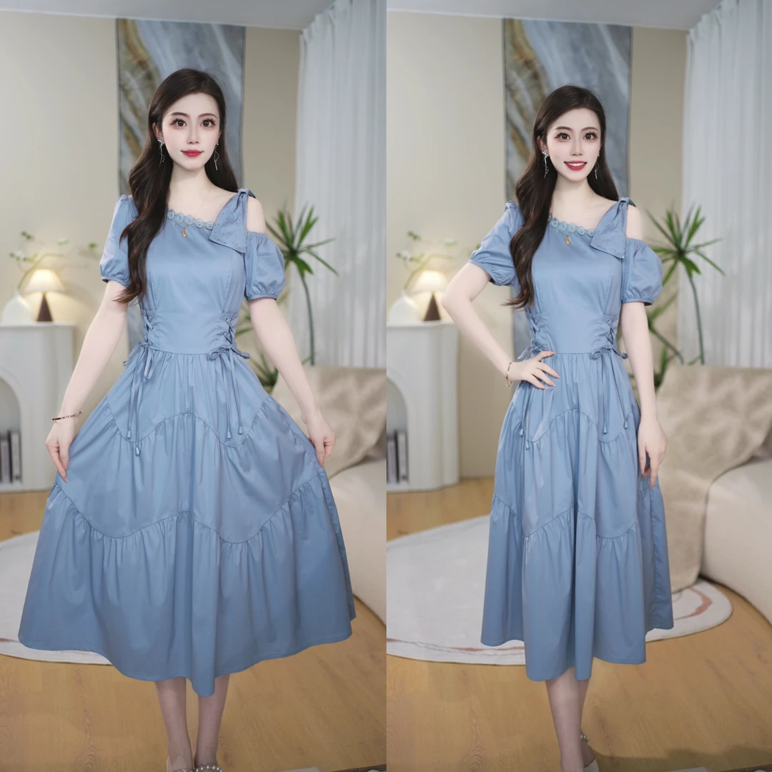 夏季斜肩夏装套头长裙高腰中长款连衣裙显瘦斜领法式洋气