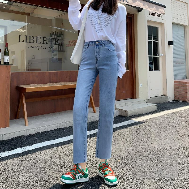 薄款蓝色烟管裤女夏季2025新款八分九分小个子直筒裤子夏天牛仔裤