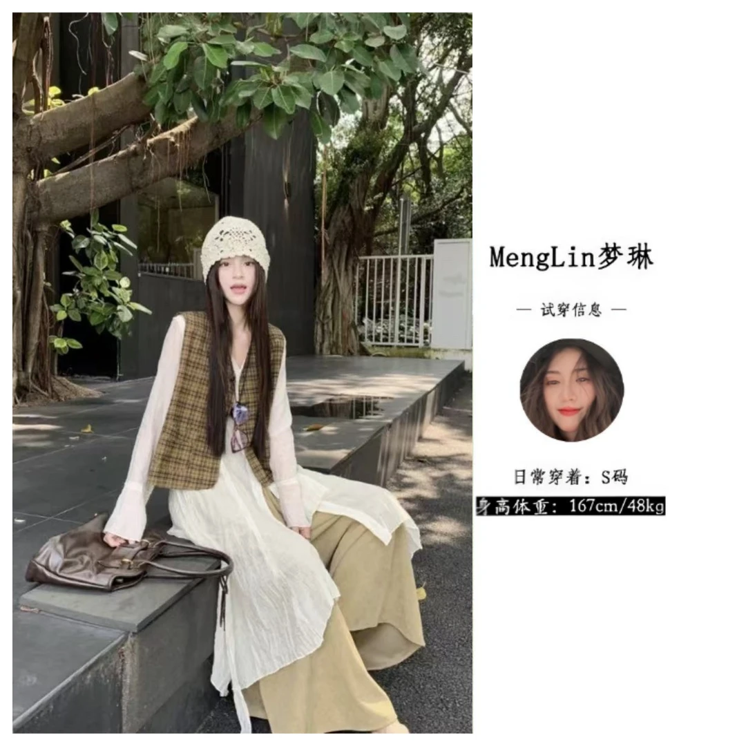 时尚套装女不规则褶皱衬衫叠穿格子马甲上衣早秋宽松休闲裤三件套